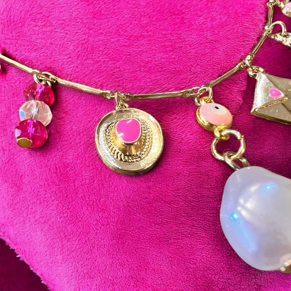 Pink bows and love charms charm necklace. Gold toned delicate chain 15.5”-17.5” - Picture 8 of 16